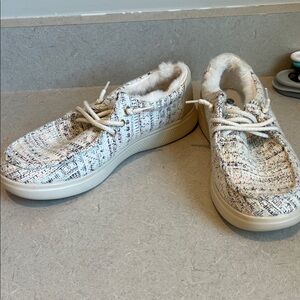 Skechers BOBS Tweed Slip-On in Cream with Pink and Navy Accents